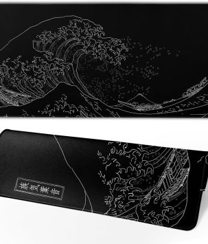Japanese Gaming Mouse Pad Black Mouse Pad Kanagawa Large Mousepad Non-Slip Rubber Base Waterproof with Stitched Edges for Gaming Office Home, 31.5x11.8 Inch (Black Wave)