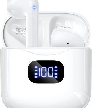 Wireless Earbuds Bluetooth 5.3 Headphones, 40Hrs Playback Stereo Ear Buds with LED Display Charging Case IPX7 Waterproof in-Ear Earphones with Mic for Phone Tablet Laptop Sports, White
